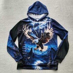Bald Eagle Graphic Hoodie Mens Large Blue All Over Print Nature Raptor Bird‎